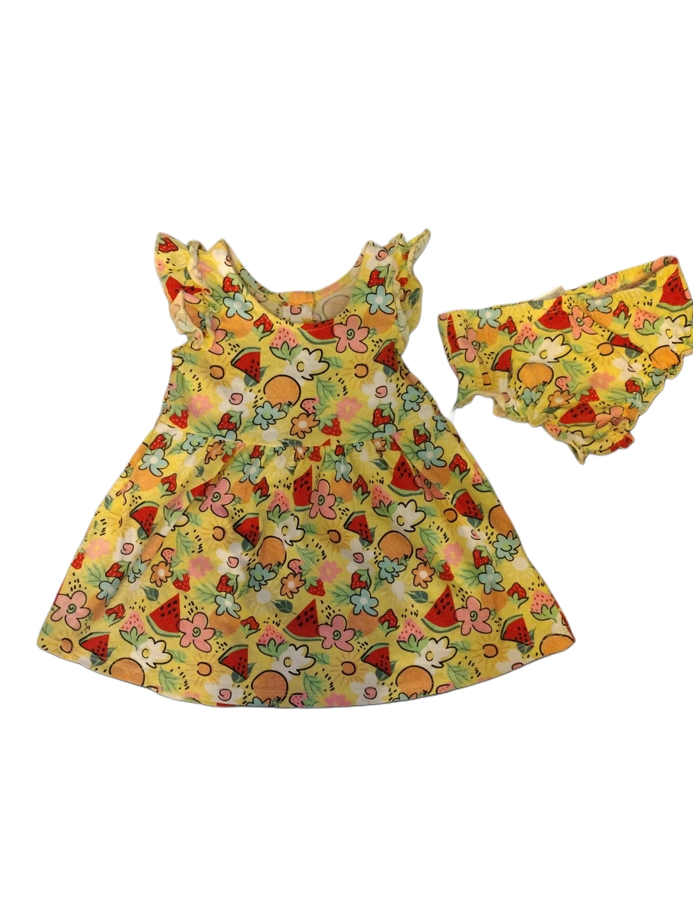 Kidgets Yellow Floral & Fruit Print Ruffle Sleeve Dress with Bloomers